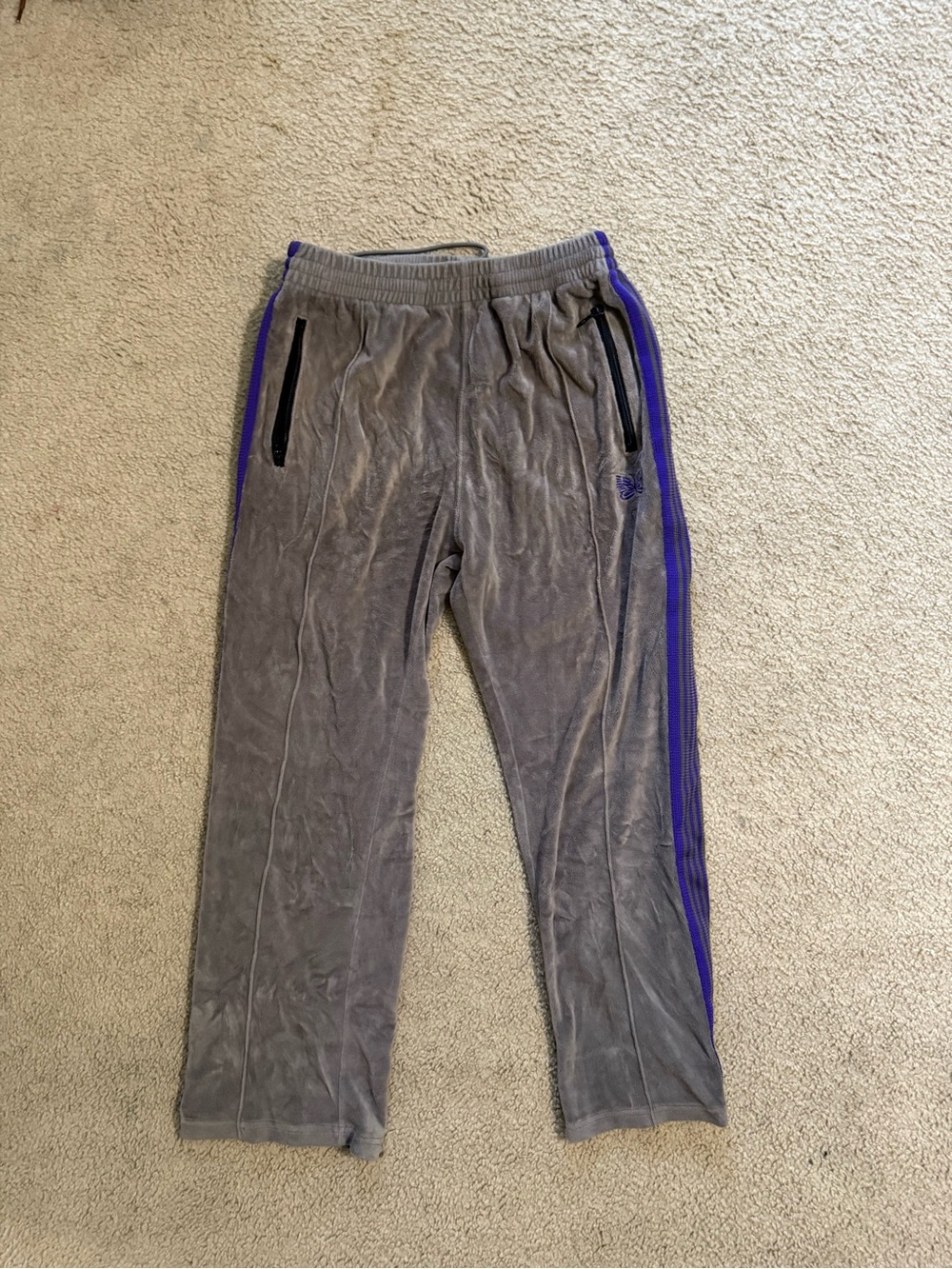Needles Gray Velour Track Pants with Purple Side Stripes